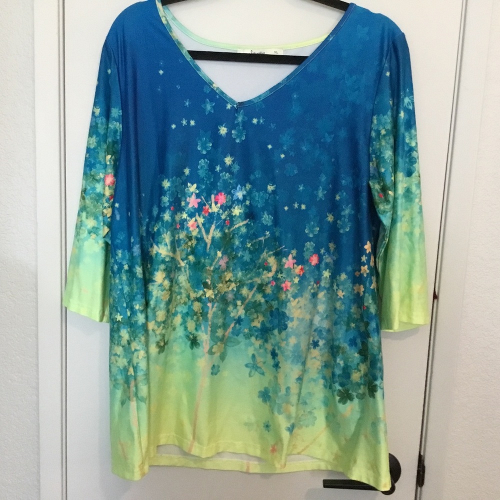 SAKURAFINA TUNIC, SIZE 1X, GREEN & BLUE FLORAL